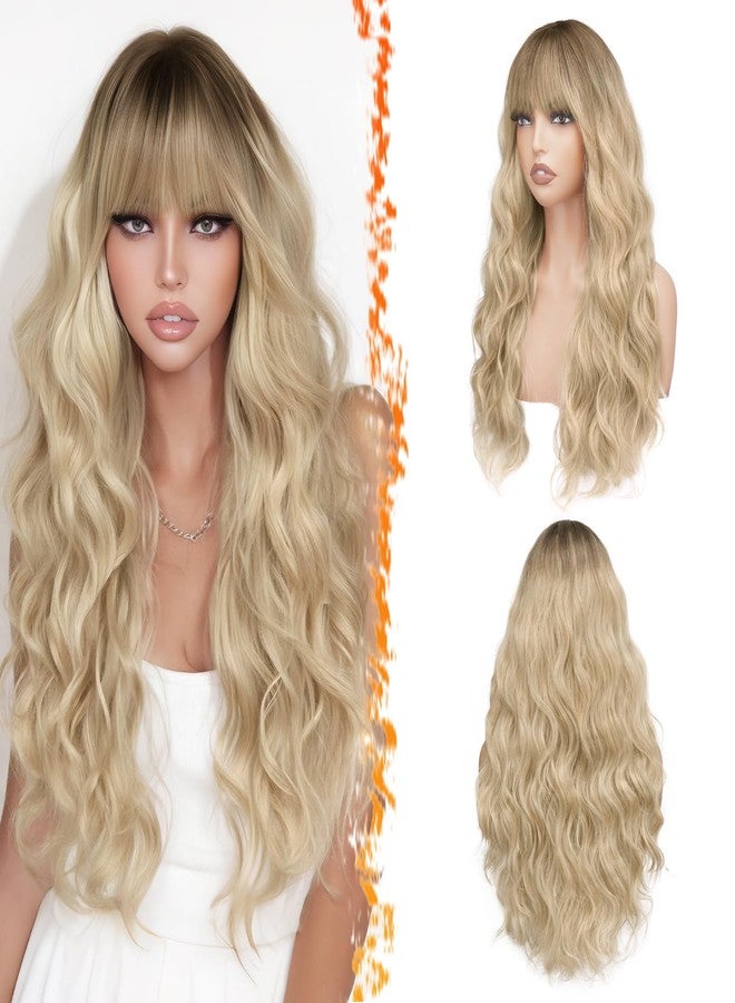 BARSDAR Long Wavy Natural Blonde Ombre Wig with Bangs - Long Wavy Blonde Ombre Wig with Dark Roots for Women - Thick Soft Synthetic Curly Wave Textured Face-Framing Bangs Natural Looking - Image 1